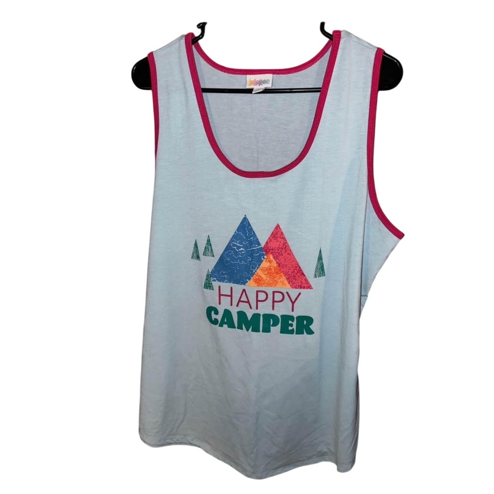 LuLaRoe Tank Top 2XL Blue Happy Camper Mountain Graphic Ringer Sleeveless